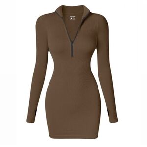 Chic Long Sleeve Brown Zipper Dress